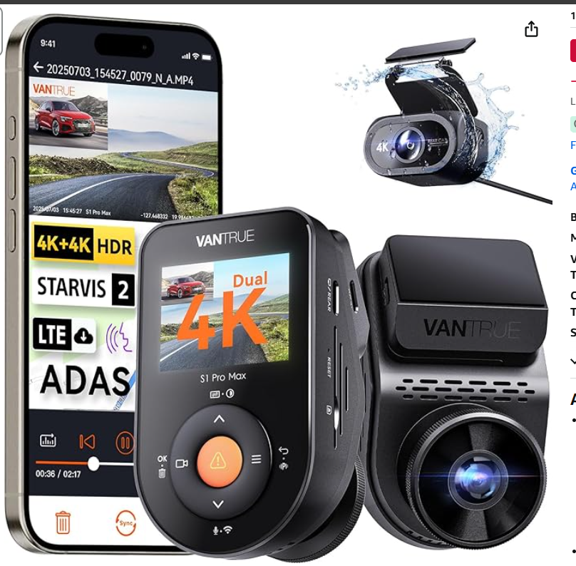  S1 Pro Max 4K+4K Dash Cam Front